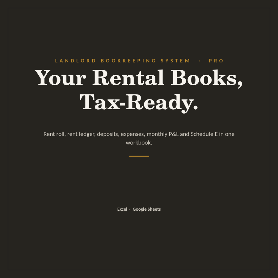 Landlord Bookkeeping System Pro spreadsheet: rent roll, Schedule E and expense ledger for Excel and Google Sheets