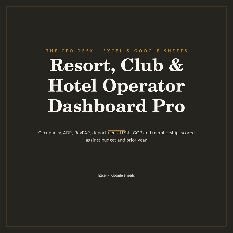 Resort, Club and Hotel Operator Dashboard Pro spreadsheet: scorecard, departmental P&L, RevPAR and budget variance for Excel and Google Sheets